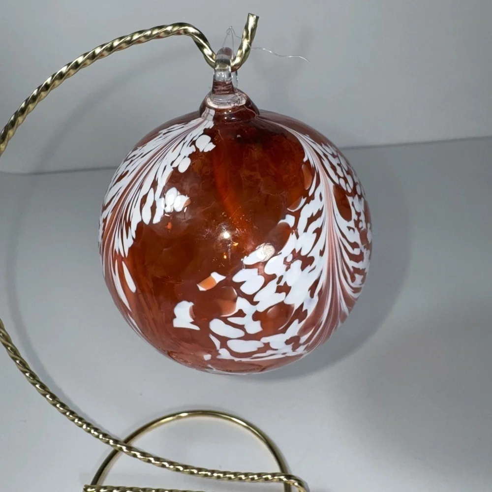 Large Speckled Orange & white Hand Blown Glass Ball Ornament